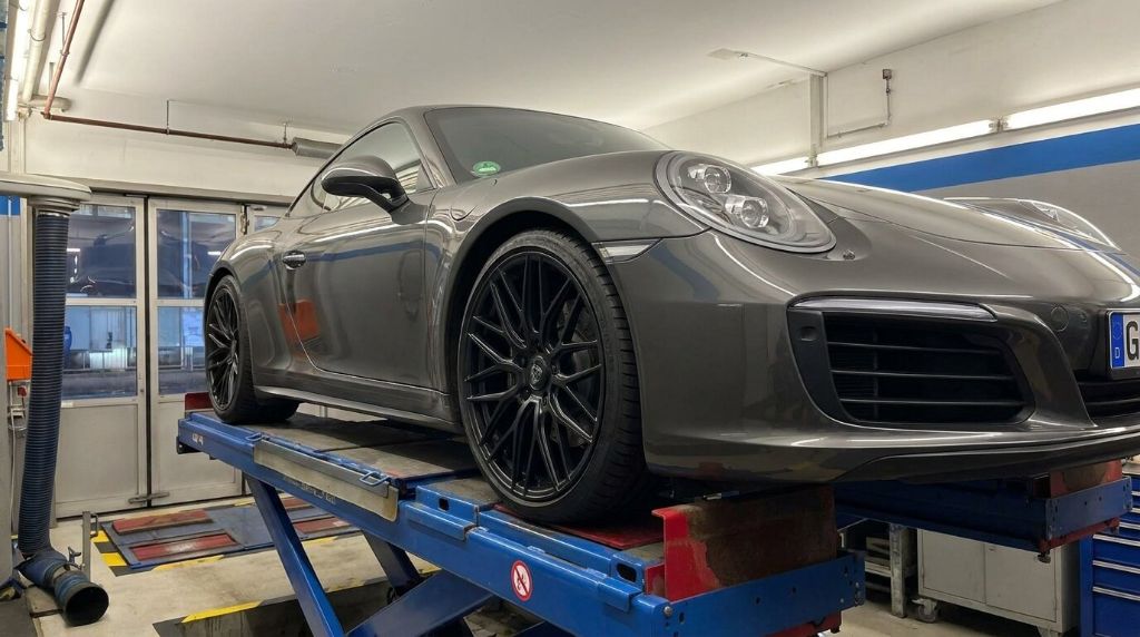 Wheelforce Felgen montiert an einem Porsche 911 auf der AchsvermessungsbÃ¼hne bei Exclusive Carparts Berlin